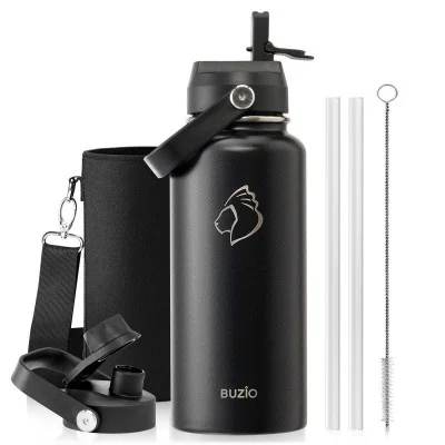 Buzio Duet Series Water Bottle with 2 Lids and Sleeve 1.2L - Black